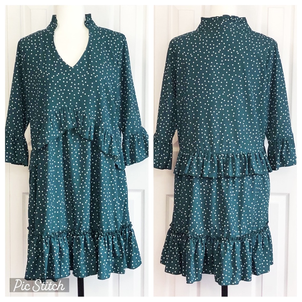 Feminine Teal Green & White Polka Dot Ruffle Trim Mini Dress